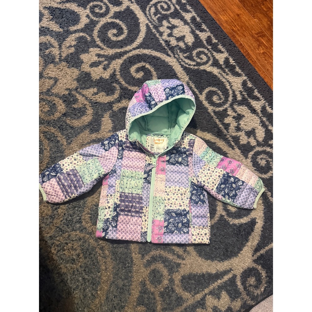 Jumping Beans Girls 12M Patchwork Puffer Jacket Floral Paisley Purple Mint
